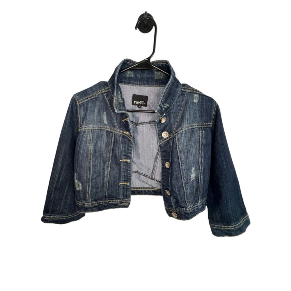 Rue21 Cropped Distressed Long Sleeve Dark Wash Denim Jacket